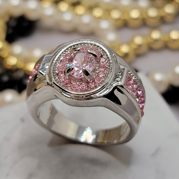 Jewelry | Wide Band Silver Tone Pink Saphire Cz Rhinestone Ring | Poshmark